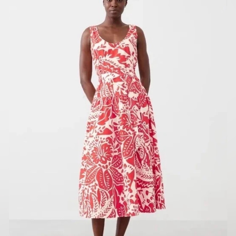 Banana Republic NWT Red Floral Cotton Poplin Corset Waist Sleeveless Midi Dress